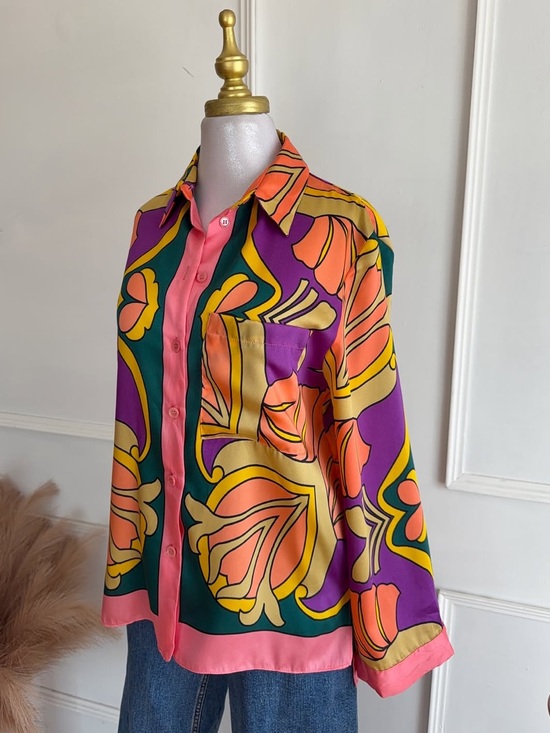 Zara Tops - Zara NWT satin Vibrant Floral Print Button-Down Shirt in Purple, Orange & Yellow